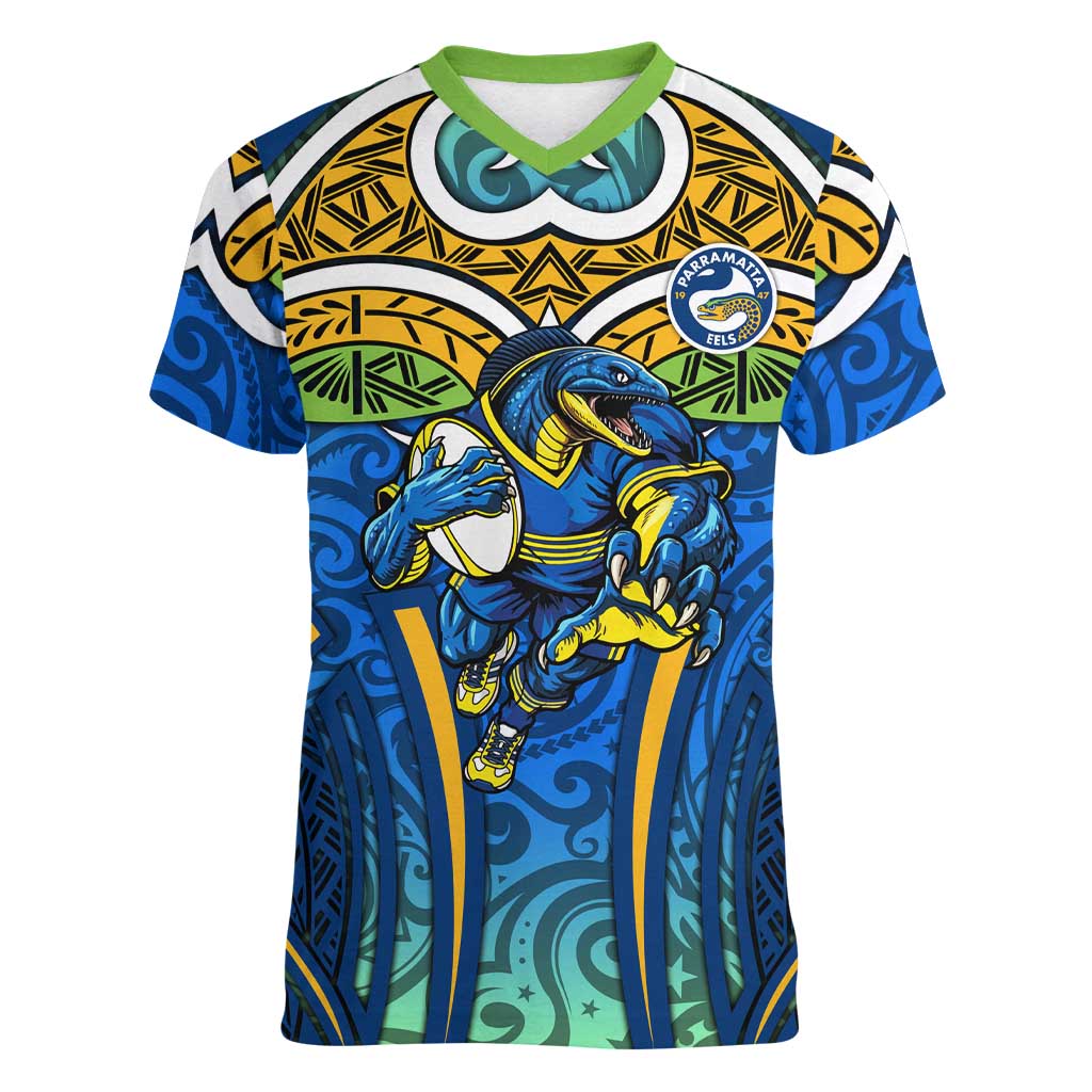 Parramatta Eels Rugby Women V-Neck T-Shirt Polynesian Tribal Eel Warrior Blue Gold Pattern