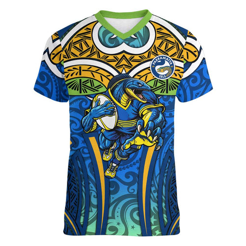 Parramatta Eels Rugby Women V-Neck T-Shirt Polynesian Tribal Eel Warrior Blue Gold Pattern
