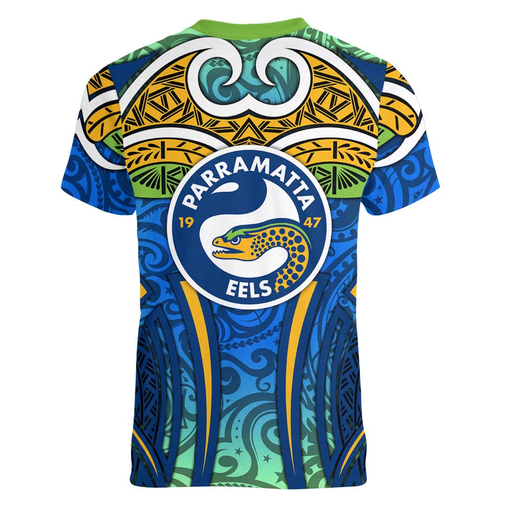 Parramatta Eels Rugby Women V-Neck T-Shirt Polynesian Tribal Eel Warrior Blue Gold Pattern
