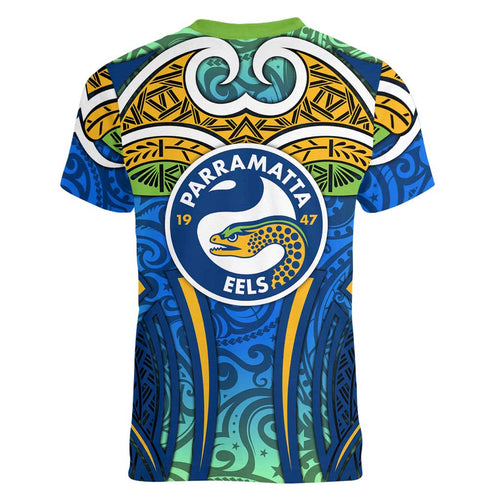 Parramatta Eels Rugby Women V-Neck T-Shirt Polynesian Tribal Eel Warrior Blue Gold Pattern