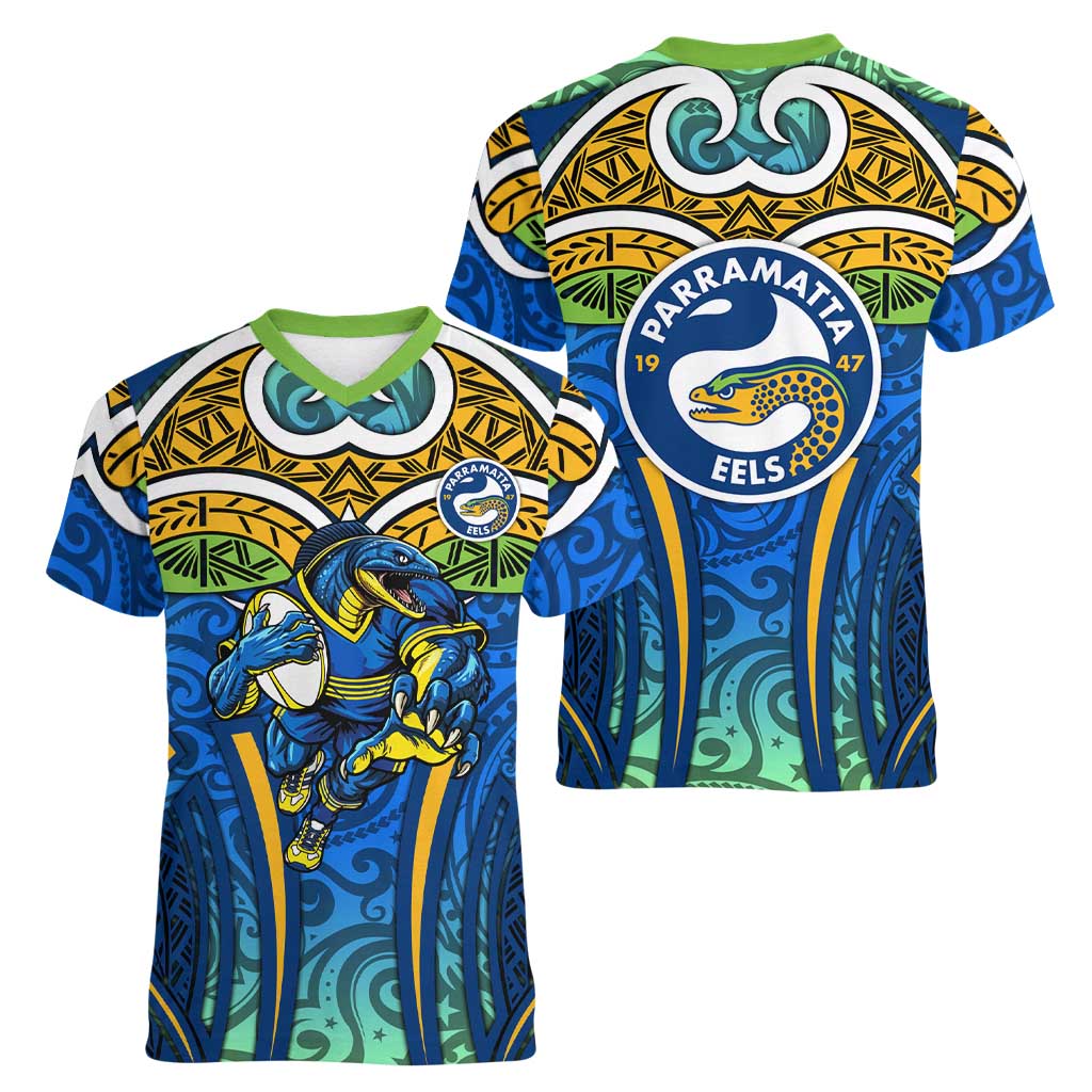 Parramatta Eels Rugby Women V-Neck T-Shirt Polynesian Tribal Eel Warrior Blue Gold Pattern