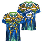 Parramatta Eels Rugby Women V-Neck T-Shirt Polynesian Tribal Eel Warrior Blue Gold Pattern