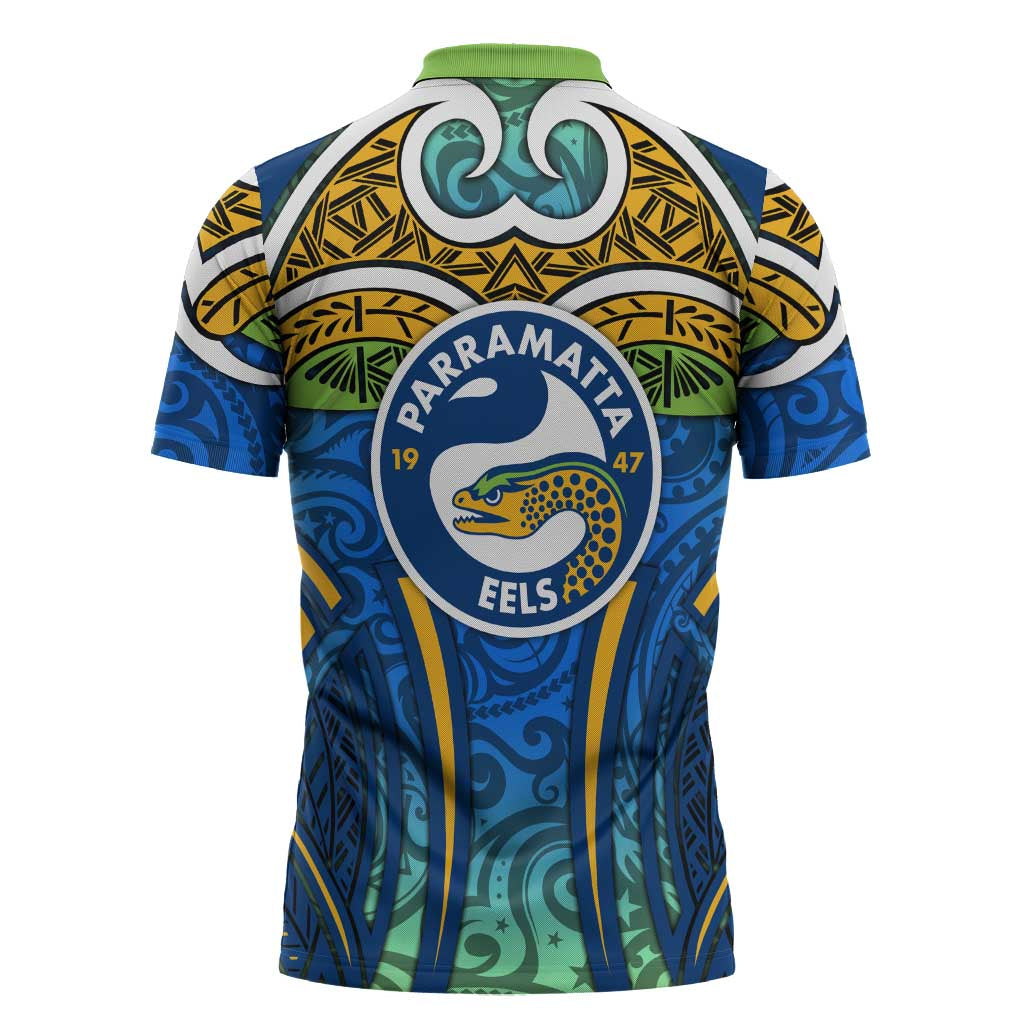Parramatta Eels Rugby Zipper Polo Shirt Polynesian Tribal Eel Warrior Blue Gold Pattern