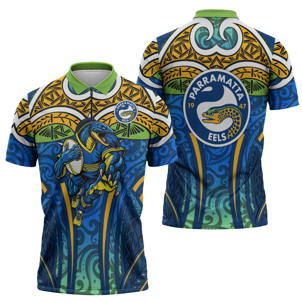 Parramatta Eels Rugby Zipper Polo Shirt Polynesian Tribal Eel Warrior Blue Gold Pattern