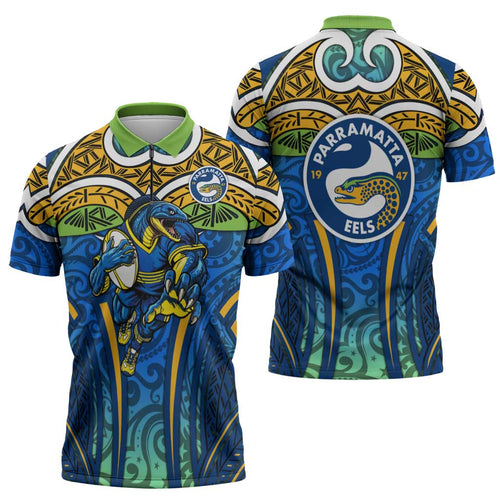 Parramatta Eels Rugby Zipper Polo Shirt Polynesian Tribal Eel Warrior Blue Gold Pattern