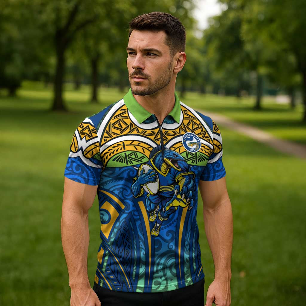 Parramatta Eels Rugby Zipper Polo Shirt Polynesian Tribal Eel Warrior Blue Gold Pattern