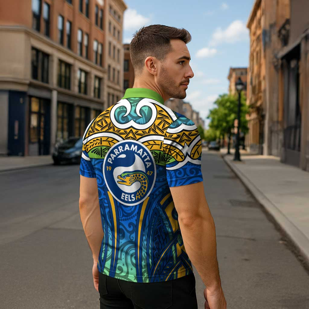 Parramatta Eels Rugby Zipper Polo Shirt Polynesian Tribal Eel Warrior Blue Gold Pattern