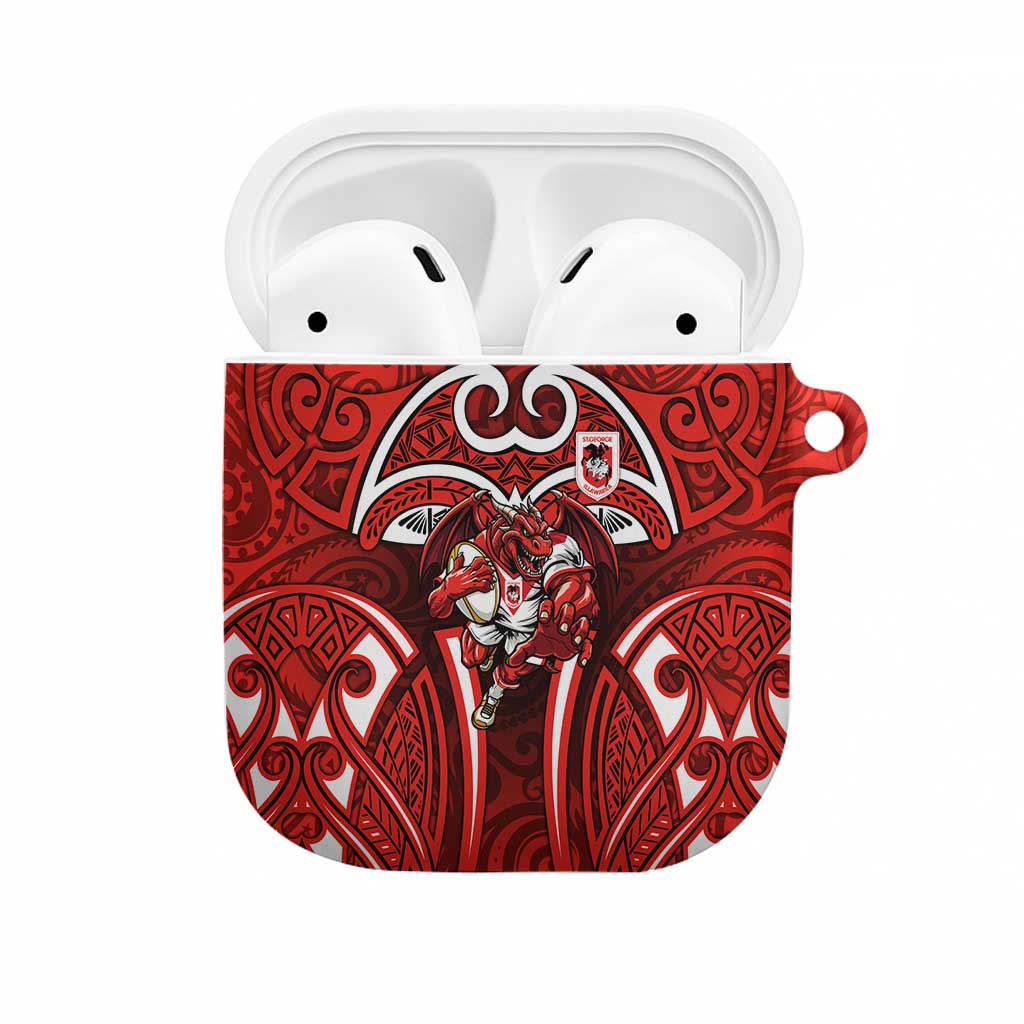 St George Illawarra Dragons Rugby AirPods Case Polynesian Tribal Dragon Warrior Red Pattern