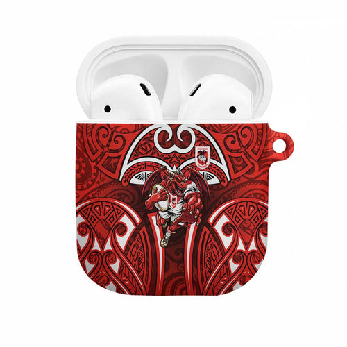 St George Illawarra Dragons Rugby AirPods Case Polynesian Tribal Dragon Warrior Red Pattern