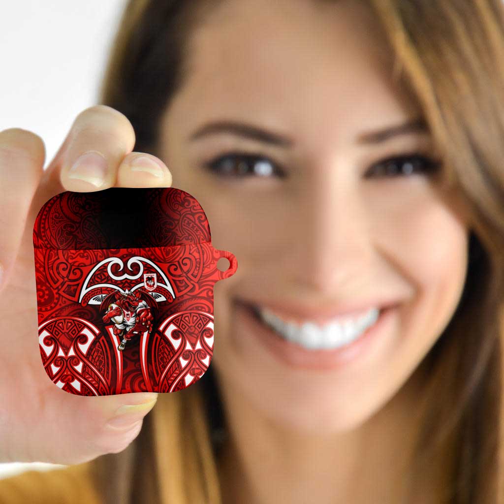 St George Illawarra Dragons Rugby AirPods Case Polynesian Tribal Dragon Warrior Red Pattern