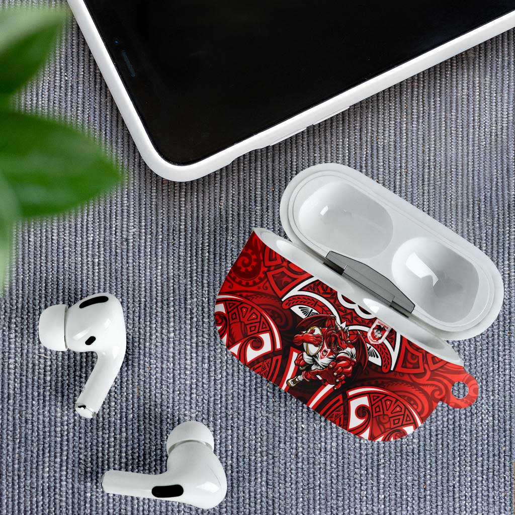 St George Illawarra Dragons Rugby AirPods Case Polynesian Tribal Dragon Warrior Red Pattern