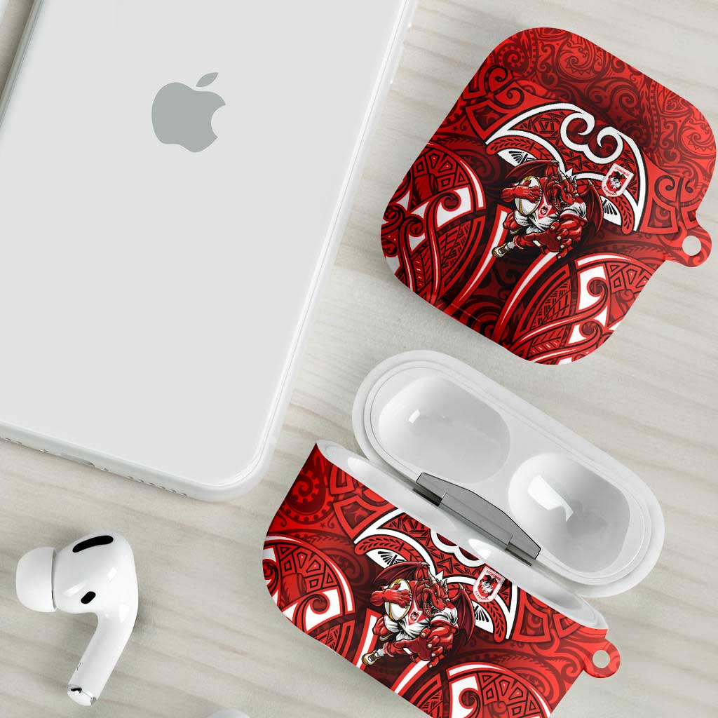 St George Illawarra Dragons Rugby AirPods Case Polynesian Tribal Dragon Warrior Red Pattern