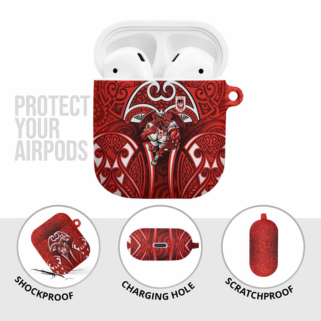 St George Illawarra Dragons Rugby AirPods Case Polynesian Tribal Dragon Warrior Red Pattern