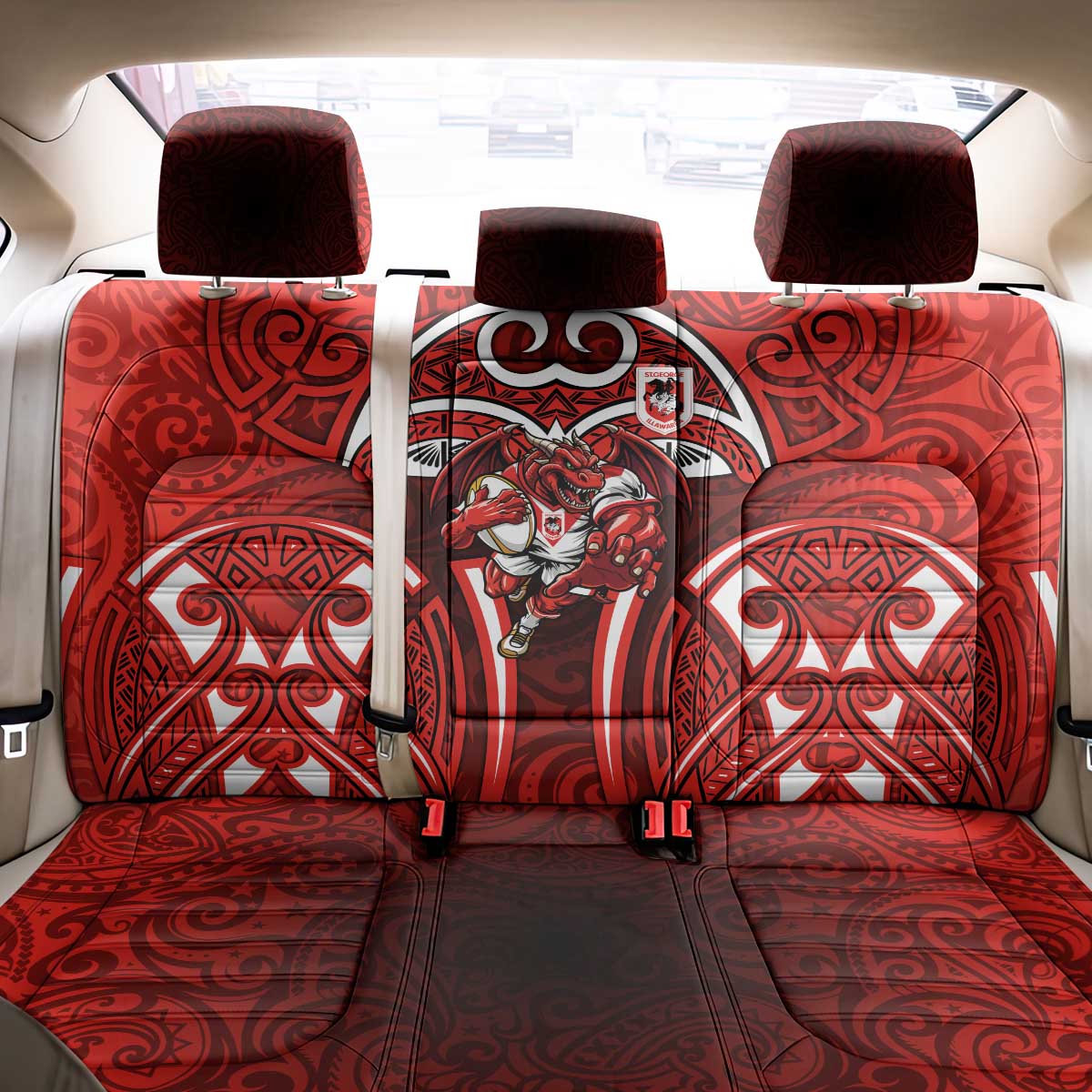St George Illawarra Dragons Rugby Back Car Seat Cover Polynesian Tribal Dragon Warrior Red Pattern