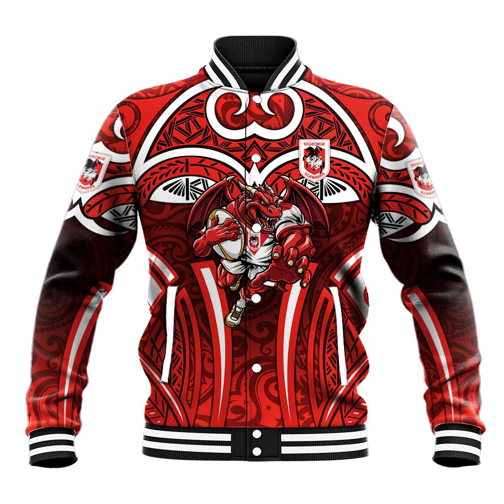 St George Illawarra Dragons Rugby Baseball Jacket Polynesian Tribal Dragon Warrior Red Pattern