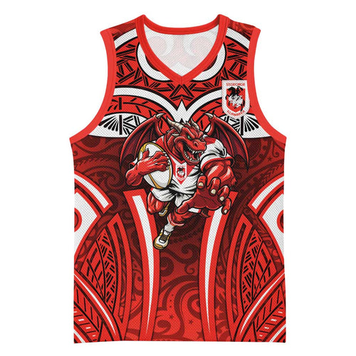 St George Illawarra Dragons Rugby Basketball Jersey Polynesian Tribal Dragon Warrior Red Pattern