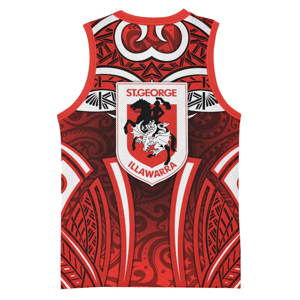 St George Illawarra Dragons Rugby Basketball Jersey Polynesian Tribal Dragon Warrior Red Pattern
