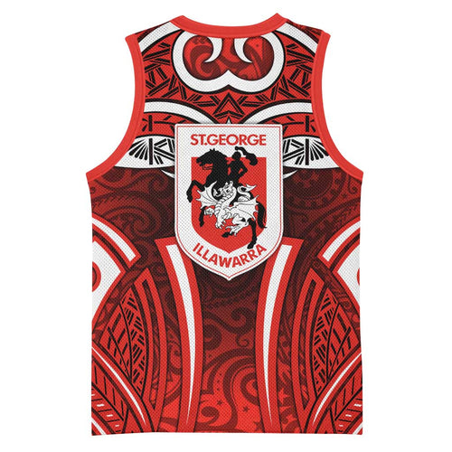 St George Illawarra Dragons Rugby Basketball Jersey Polynesian Tribal Dragon Warrior Red Pattern