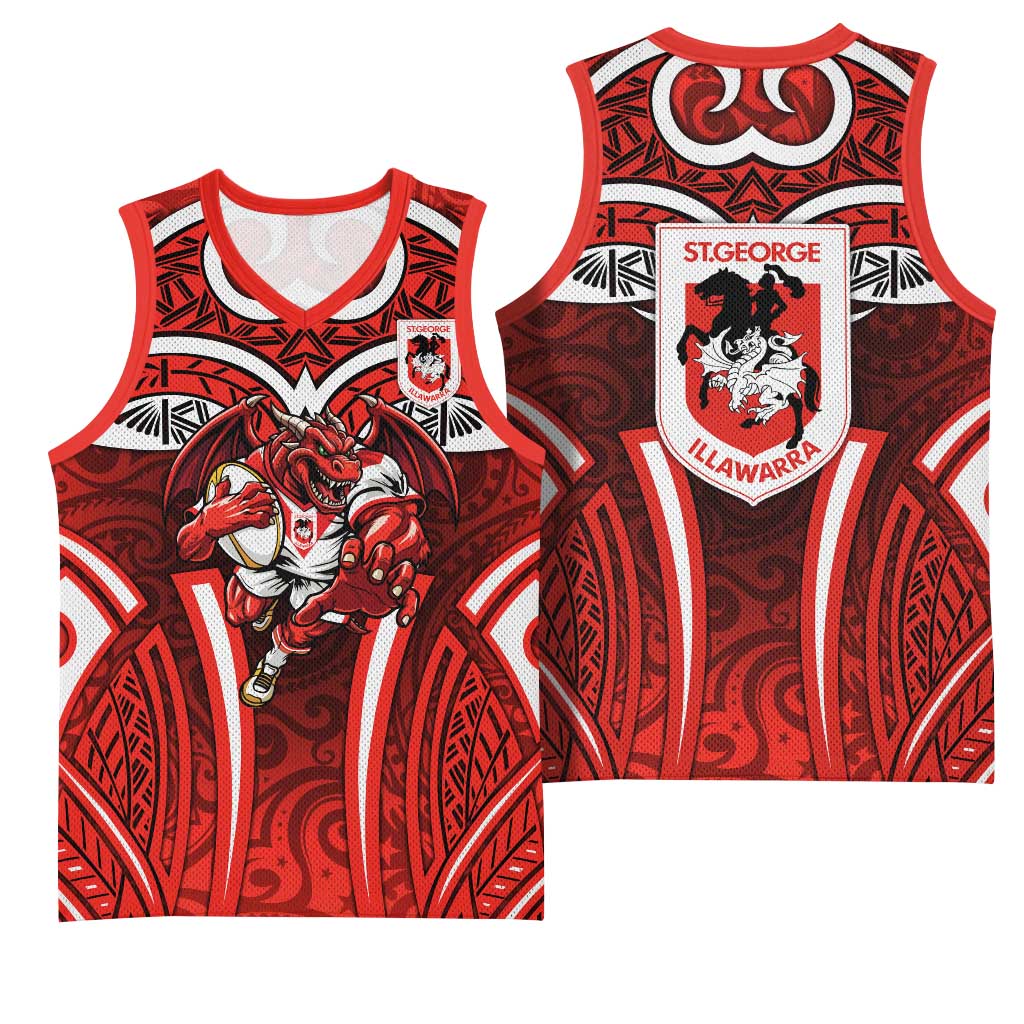 St George Illawarra Dragons Rugby Basketball Jersey Polynesian Tribal Dragon Warrior Red Pattern