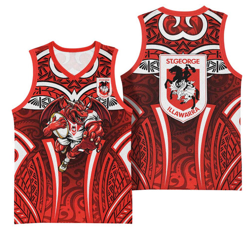 St George Illawarra Dragons Rugby Basketball Jersey Polynesian Tribal Dragon Warrior Red Pattern