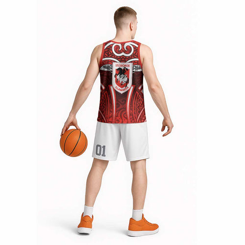 St George Illawarra Dragons Rugby Basketball Jersey Polynesian Tribal Dragon Warrior Red Pattern