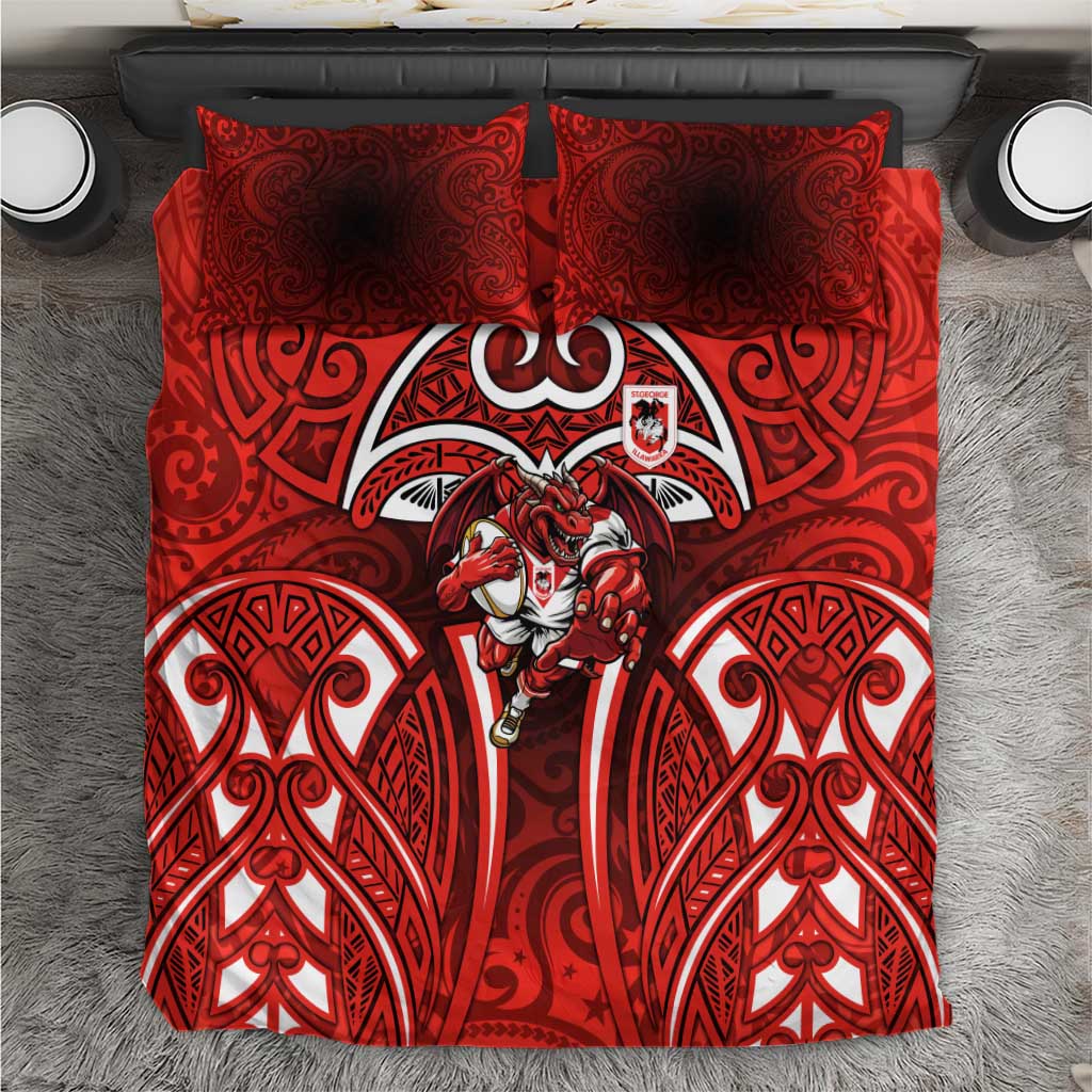 St George Illawarra Dragons Rugby Bedding Set Polynesian Tribal Dragon Warrior Red Pattern