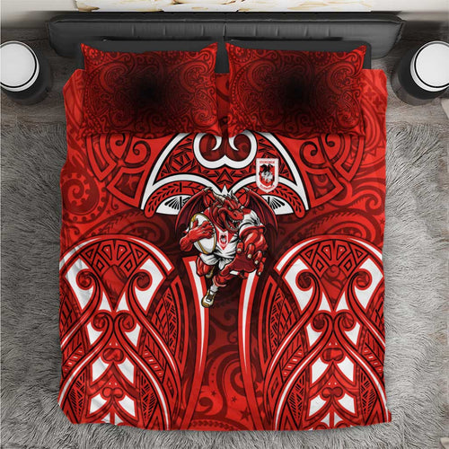 St George Illawarra Dragons Rugby Bedding Set Polynesian Tribal Dragon Warrior Red Pattern