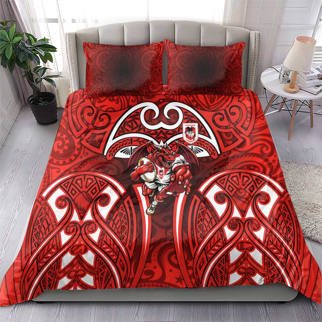 St George Illawarra Dragons Rugby Bedding Set Polynesian Tribal Dragon Warrior Red Pattern