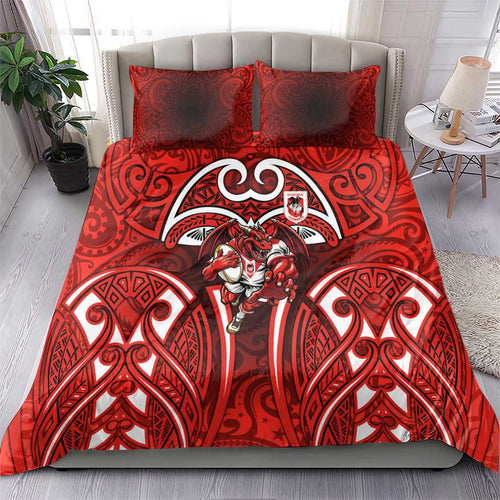 St George Illawarra Dragons Rugby Bedding Set Polynesian Tribal Dragon Warrior Red Pattern