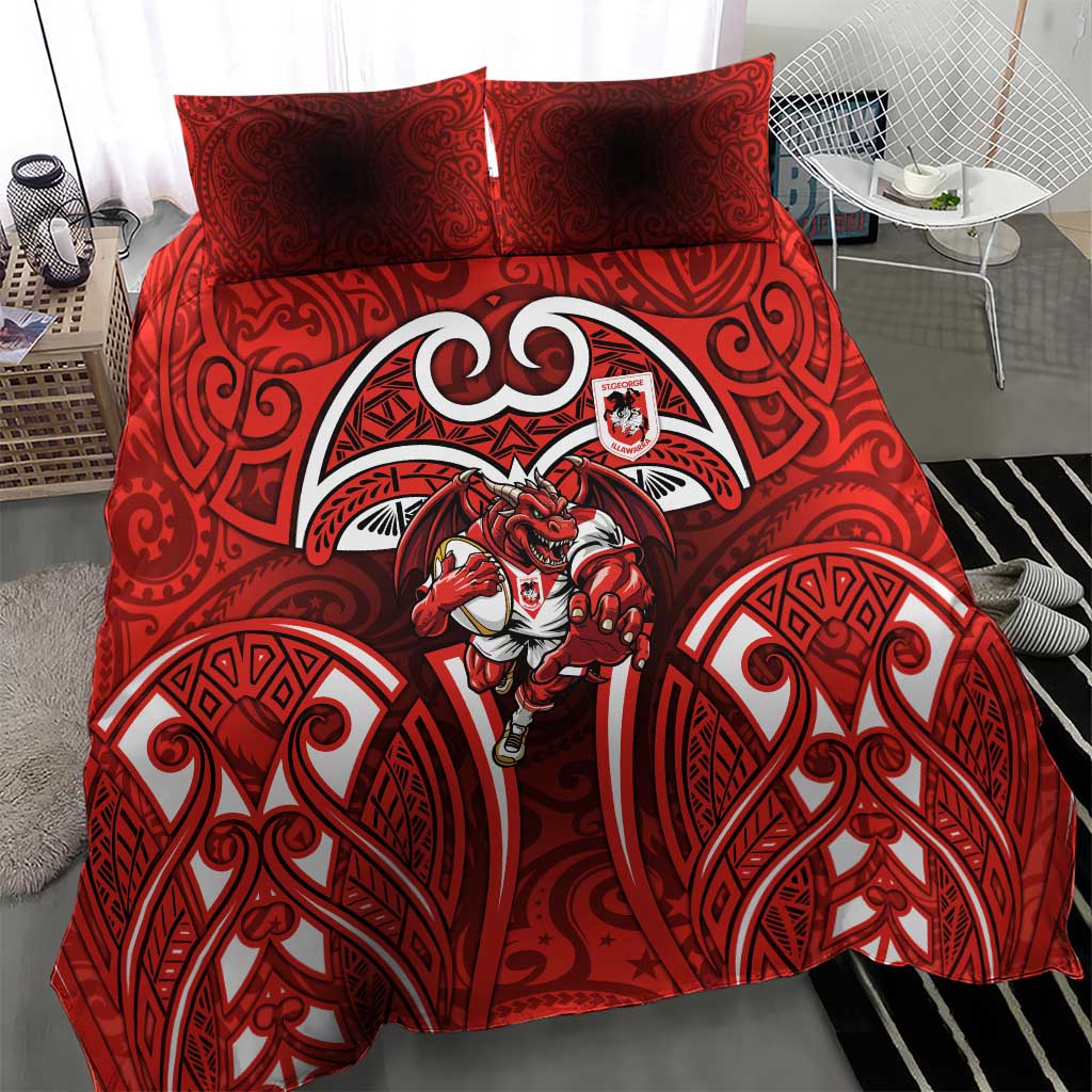 St George Illawarra Dragons Rugby Bedding Set Polynesian Tribal Dragon Warrior Red Pattern