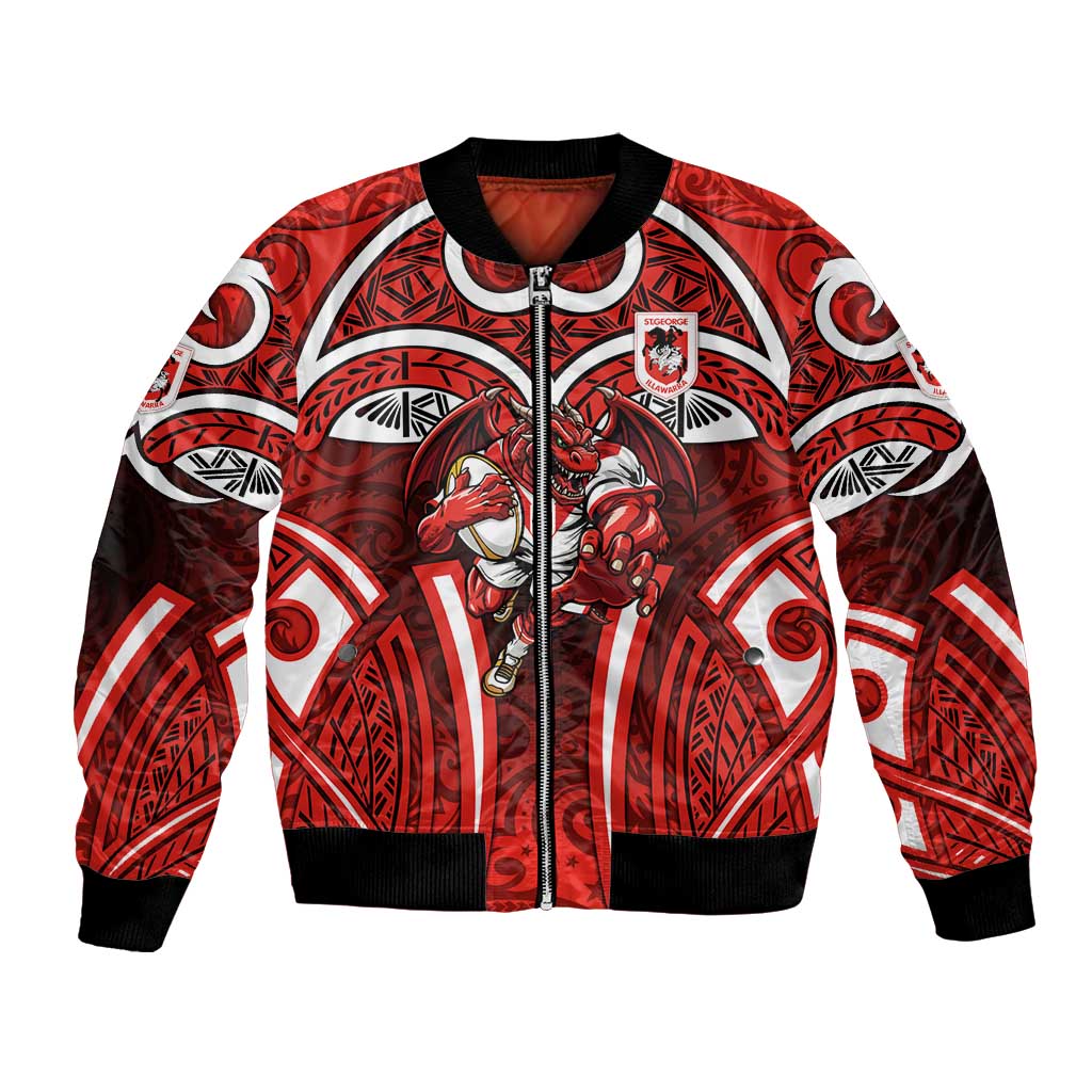 St George Illawarra Dragons Rugby Bomber Jacket Polynesian Tribal Dragon Warrior Red Pattern