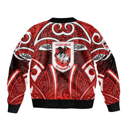 St George Illawarra Dragons Rugby Bomber Jacket Polynesian Tribal Dragon Warrior Red Pattern