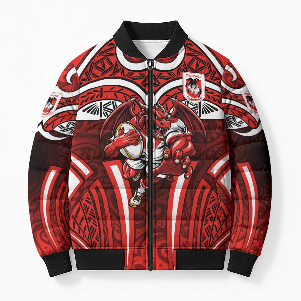 St George Illawarra Dragons Rugby Bomber Puffer Jacket Polynesian Tribal Dragon Warrior Red Pattern