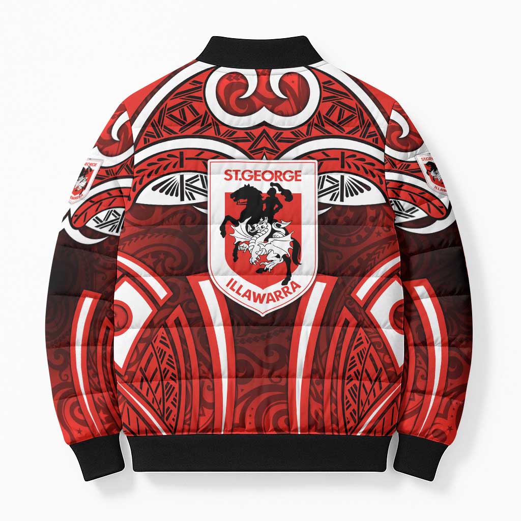St George Illawarra Dragons Rugby Bomber Puffer Jacket Polynesian Tribal Dragon Warrior Red Pattern