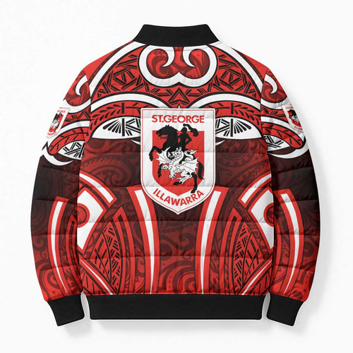 St George Illawarra Dragons Rugby Bomber Puffer Jacket Polynesian Tribal Dragon Warrior Red Pattern
