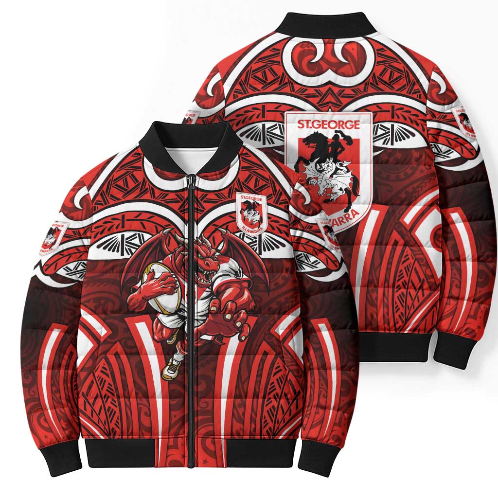 St George Illawarra Dragons Rugby Bomber Puffer Jacket Polynesian Tribal Dragon Warrior Red Pattern