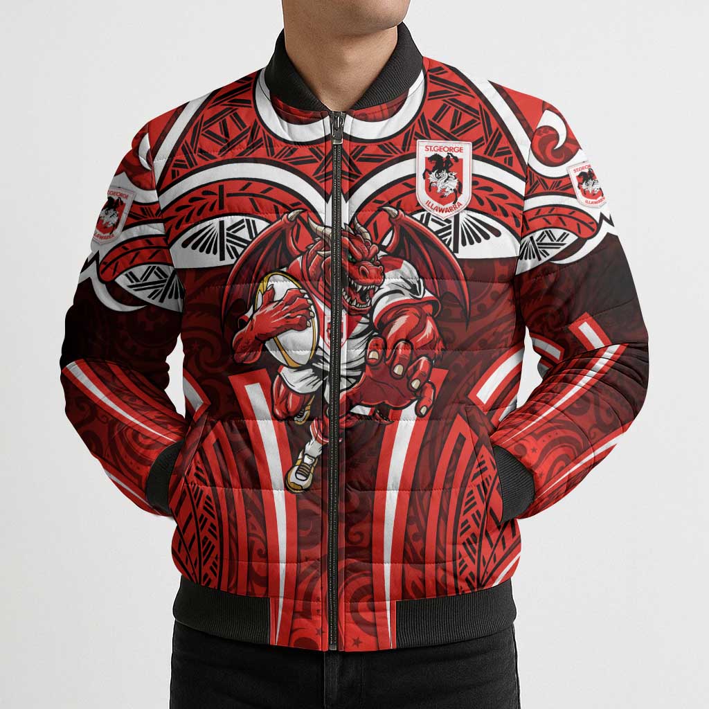 St George Illawarra Dragons Rugby Bomber Puffer Jacket Polynesian Tribal Dragon Warrior Red Pattern