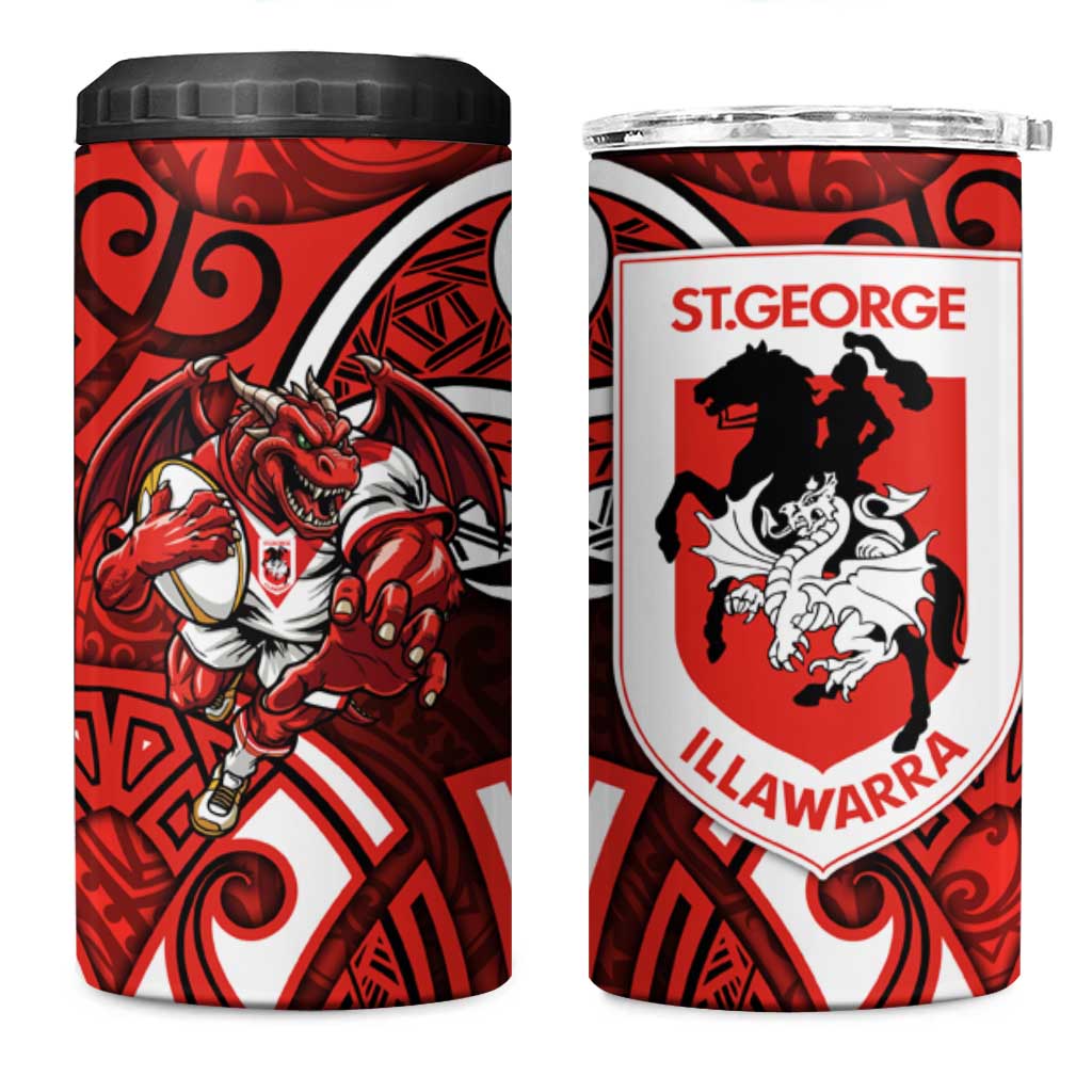 St George Illawarra Dragons Rugby 4 in 1 Can Cooler Tumbler Polynesian Tribal Dragon Warrior Red Pattern