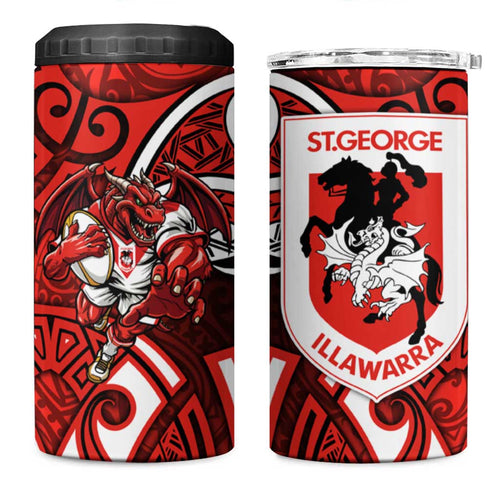 St George Illawarra Dragons Rugby 4 in 1 Can Cooler Tumbler Polynesian Tribal Dragon Warrior Red Pattern