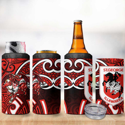 St George Illawarra Dragons Rugby 4 in 1 Can Cooler Tumbler Polynesian Tribal Dragon Warrior Red Pattern