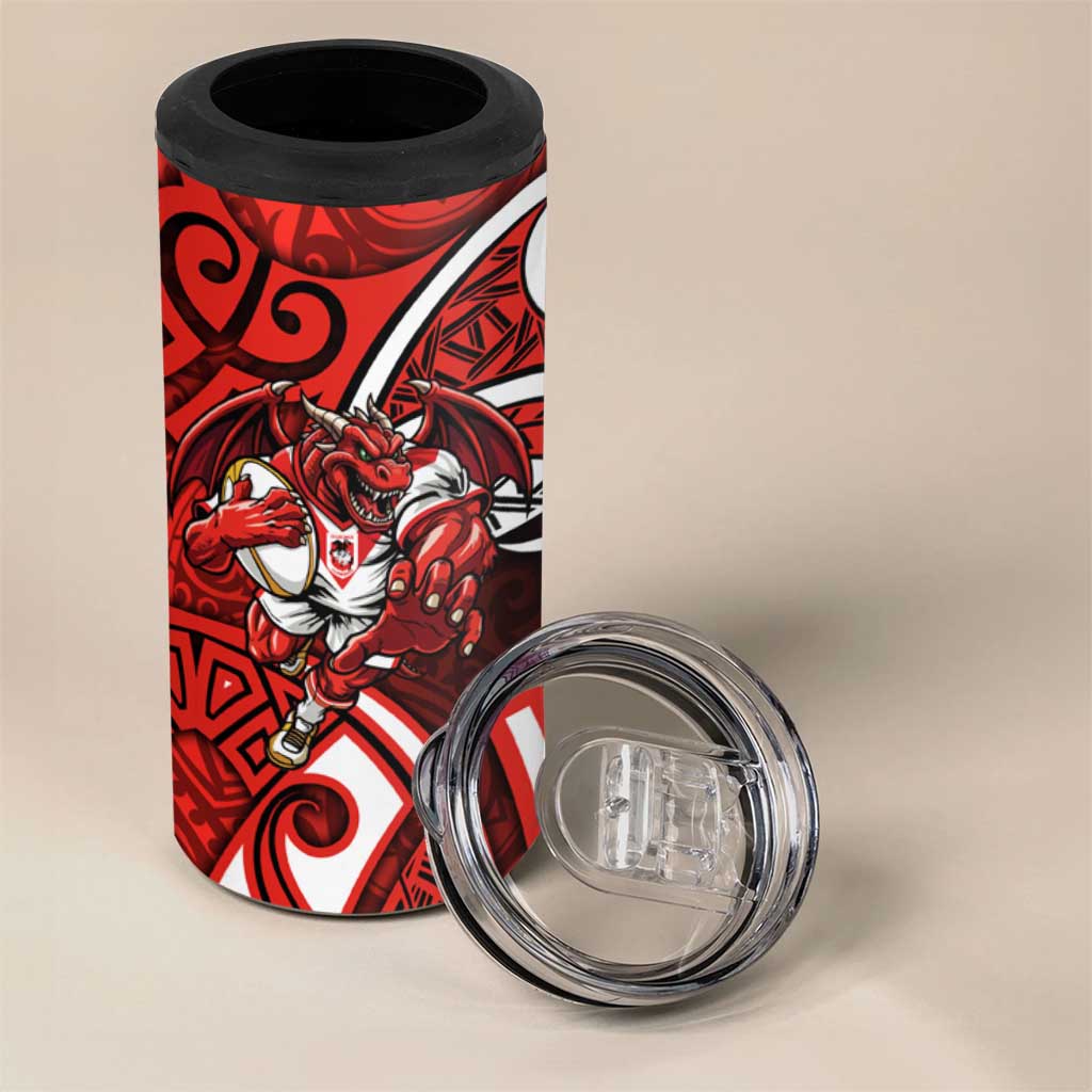 St George Illawarra Dragons Rugby 4 in 1 Can Cooler Tumbler Polynesian Tribal Dragon Warrior Red Pattern