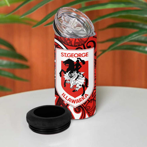 St George Illawarra Dragons Rugby 4 in 1 Can Cooler Tumbler Polynesian Tribal Dragon Warrior Red Pattern