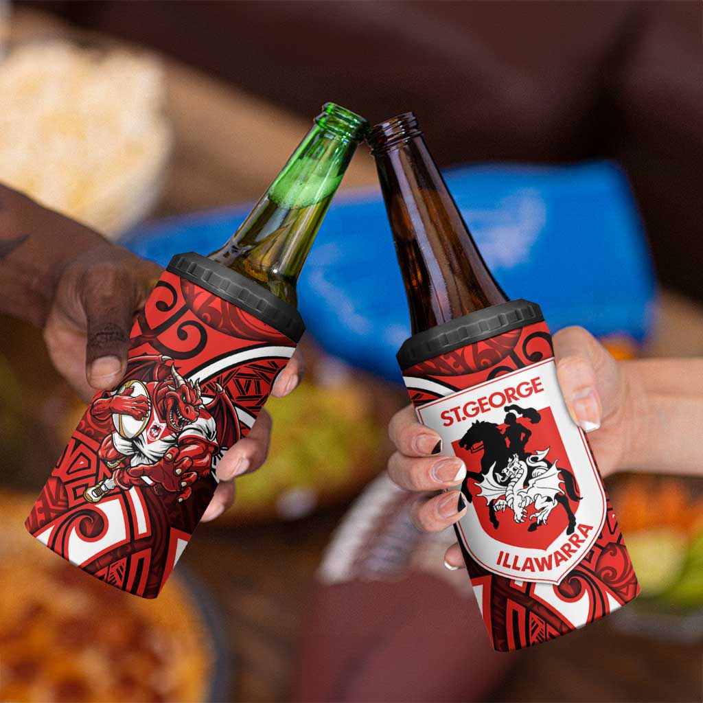 St George Illawarra Dragons Rugby 4 in 1 Can Cooler Tumbler Polynesian Tribal Dragon Warrior Red Pattern