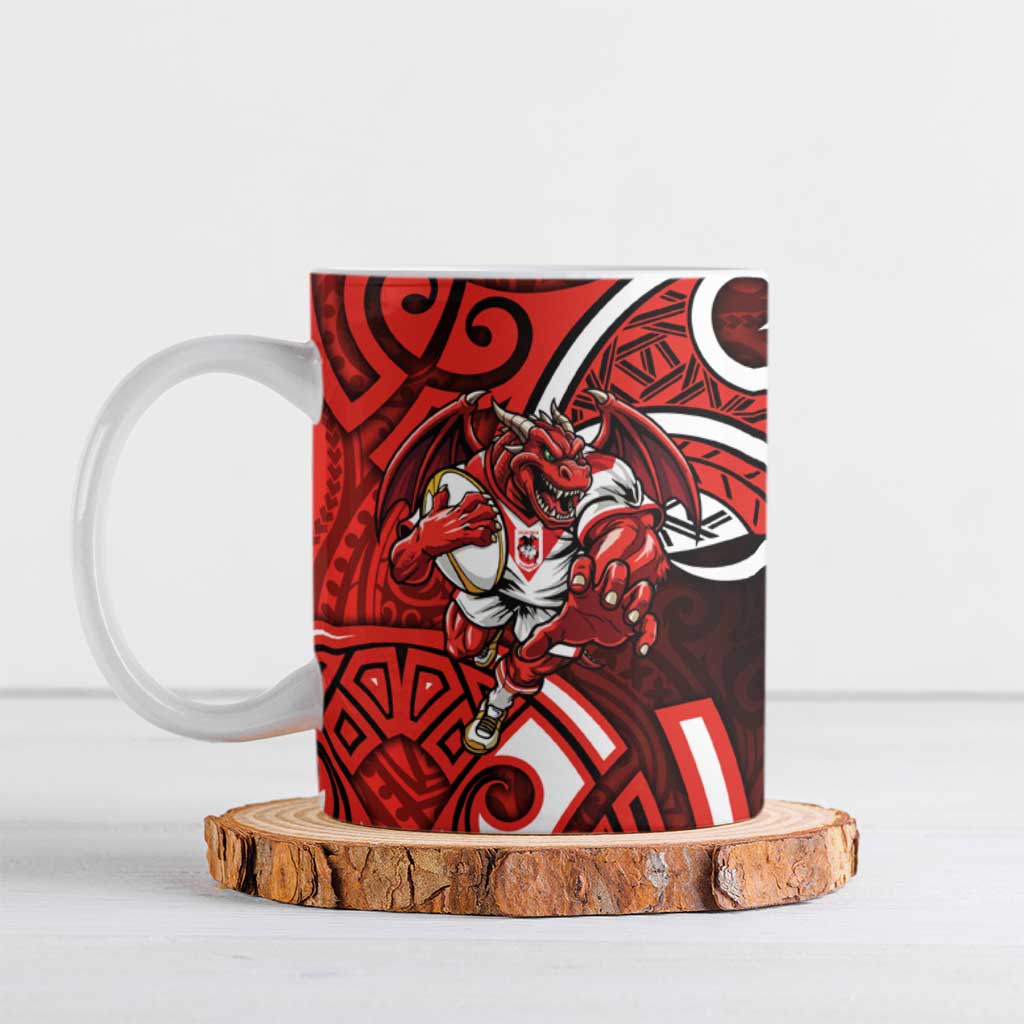 St George Illawarra Dragons Rugby Ceramic Mug Polynesian Tribal Dragon Warrior Red Pattern