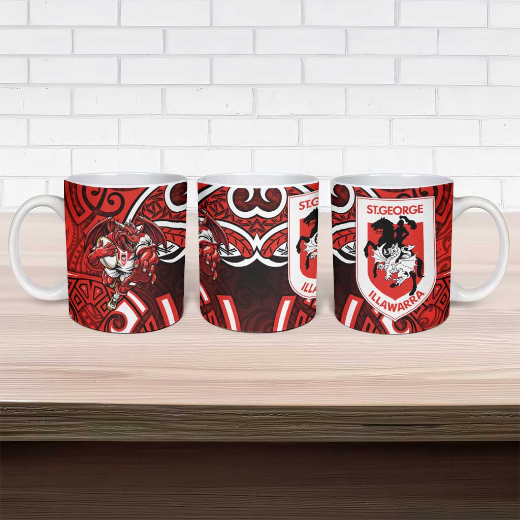 St George Illawarra Dragons Rugby Ceramic Mug Polynesian Tribal Dragon Warrior Red Pattern