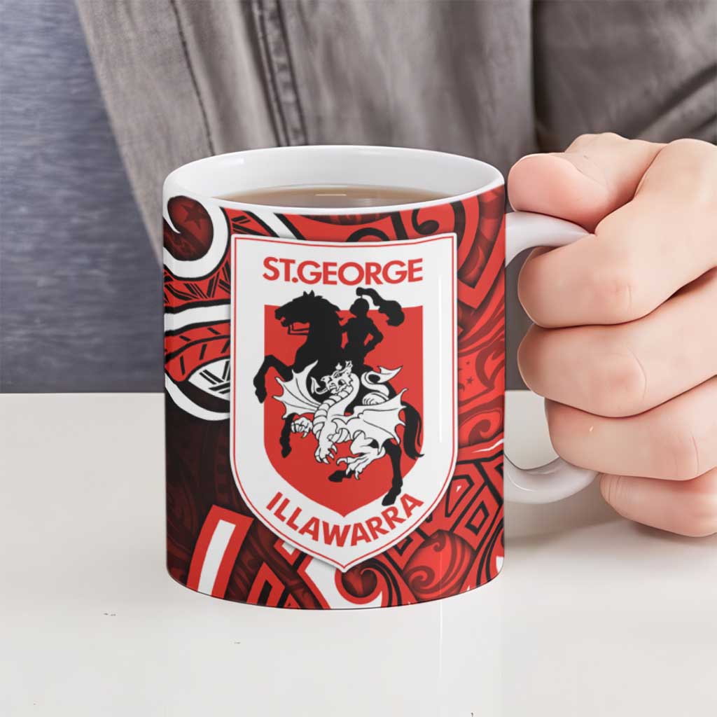 St George Illawarra Dragons Rugby Ceramic Mug Polynesian Tribal Dragon Warrior Red Pattern