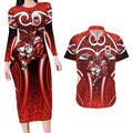 St George Illawarra Dragons Rugby Couples Matching Long Sleeve Bodycon Dress and Hawaiian Shirt Polynesian Tribal Dragon Warrior Red Pattern