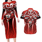 St George Illawarra Dragons Rugby Couples Matching Long Sleeve Bodycon Dress and Hawaiian Shirt Polynesian Tribal Dragon Warrior Red Pattern