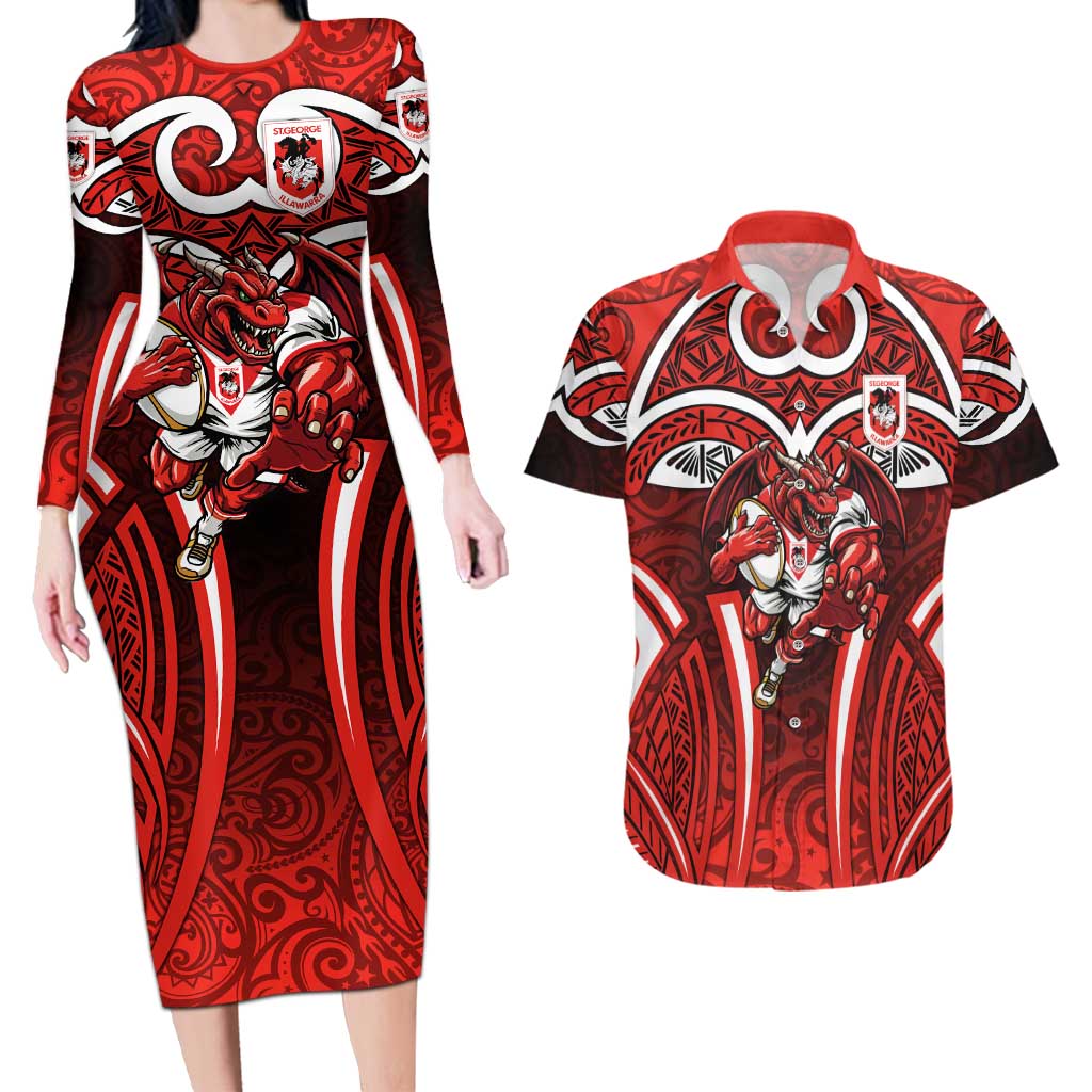 St George Illawarra Dragons Rugby Couples Matching Long Sleeve Bodycon Dress and Hawaiian Shirt Polynesian Tribal Dragon Warrior Red Pattern