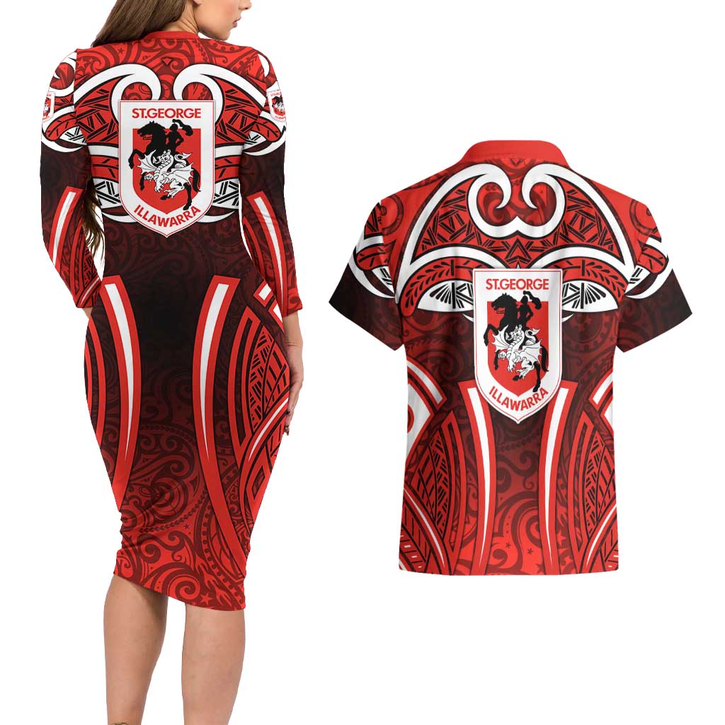 St George Illawarra Dragons Rugby Couples Matching Long Sleeve Bodycon Dress and Hawaiian Shirt Polynesian Tribal Dragon Warrior Red Pattern